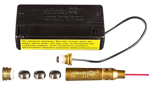 AIM SHOT View more from AIM SHOT availability . Type Laser Boresighter Caliber 223 Remington Style Cartridge Material Brass Quantity 1 Battery L736 