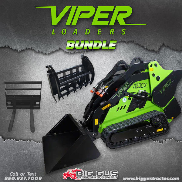 Viper Loaders Model V1300X Mini Skid Steer Bundle Color Green Engine Yanmar Diesel Horsepower 24 Fuel Type Diesel Status Available Recommendations 2025 Viper Loaders V1300X Mini Skid Steer Grapple & Tiller Bundle 2 Mini Skid Grapple Tiller New Skid Steer Loader 2025 Viper Loaders V1300X Mini Skid Steer Mega Bundle Viper Skid Mega Bundle New Skid Steer Loader 2025 Viper Loaders V1300X Mini Skid Steer & Forks V1300x Mini Skid  Forks New Skid Steer Loader 2025 JCB 270T 270T New Skid Steer Loader Advertised pricing excludes applicable taxes title and licensing V1300X Mini Skid Steer Bundle Color Green Engine Yanmar Diesel Horsepower 24 Fuel Type Diesel Status Available Recommendations 2025 Viper Loaders V1300X Mini Skid Steer Grapple 