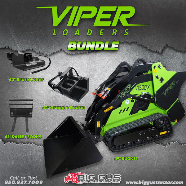 Viper Loaders Model V1300X Mini Skid Steer Mega Bundle Color Green Engine Yanmar Diesel Horsepower 24 Fuel Type Diesel Status Available Recommendations 2025 Viper Loaders V1300X Mini Skid Steer Bundle Viper Mini Skid Bundle New Skid Steer Loader 2025 Viper Loaders V1300X Mini Skid Steer Grapple & Tiller Bundle 2 Mini Skid Grapple Tiller New Skid Steer Loader 2025 Viper Loaders V1300X Mini Skid Steer & Forks V1300x Mini Skid  Forks New Skid Steer Loader 2025 JCB 270T 270T New Skid Steer Loader Advertised pricing excludes applicable taxes title and licensing V1300X Mini Skid Steer Mega Bundle Color Green Engine Yanmar Diesel Horsepower 24 Fuel Type Diesel Status Available Recommendations 2025 Viper Loaders V1300X Mini Skid Steer Bundle Viper Mini Skid Bundle New Skid Steer Loader 2025 Viper Loaders V1300X Mini Skid Steer Grapple 
