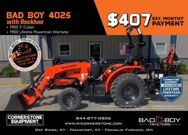 Bad Boy Model 4025 with Backhoe Vehicle Type Tractor Category Compact Payments Get an Estimate for Your Payment Payment Frequency 4025 with Backhoe Vehicle Type Tractor Category Compact Payments Get an Estimate for Your Payment Payment Frequency 
