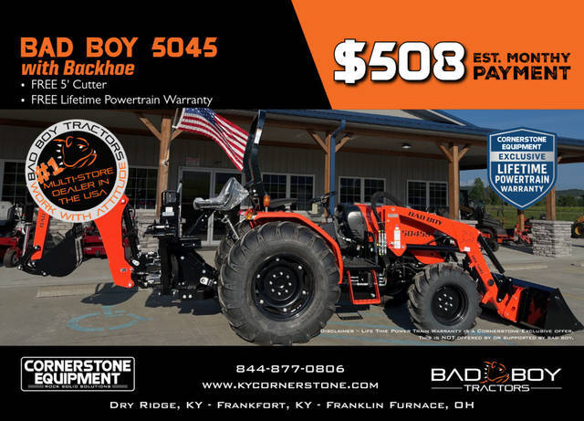 Bad Boy Model 5045 - Shuttle Transmission with Backhoe Vehicle Type Tractor Category Compact Payments Get an Estimate for Your Payment Payment Frequency 5045 - Shuttle Transmission with Backhoe Vehicle Type Tractor Category Compact Payments Get an Estimate for Your Payment Payment Frequency 