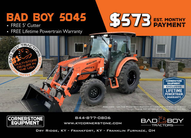 new Bad Boy Tractor Models that just hit the lot 5045 Cab - Shuttle Transmission Vehicle Type Tractor Category Utility Tractor Payments Get an Estimate for Your Payment Payment Frequency 
