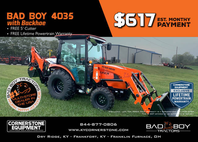 Bad Boy Model 4035 Cab with Backhoe Vehicle Type Tractor Category Compact Payments Get an Estimate for Your Payment Payment Frequency 4035 Cab with Backhoe Vehicle Type Tractor Category Compact Payments Get an Estimate for Your Payment Payment Frequency 