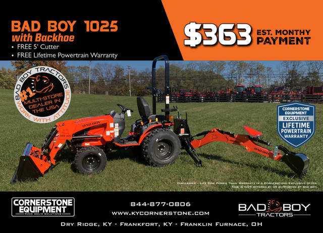 Bad Boy Model 1025 with Backhoe Vehicle Type Tractor Category Compact Payments Get an Estimate for Your Payment Payment Frequency 1025 with Backhoe Vehicle Type Tractor Category Compact Payments Get an Estimate for Your Payment Payment Frequency 