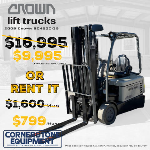 Crown Model SC4520-35 Vehicle Type Forklift Category Cushion Tire Payments Get an Estimate for Your Payment Payment Frequency SC4520-35 Vehicle Type Forklift Category Cushion Tire Payments Get an Estimate for Your Payment Payment Frequency
