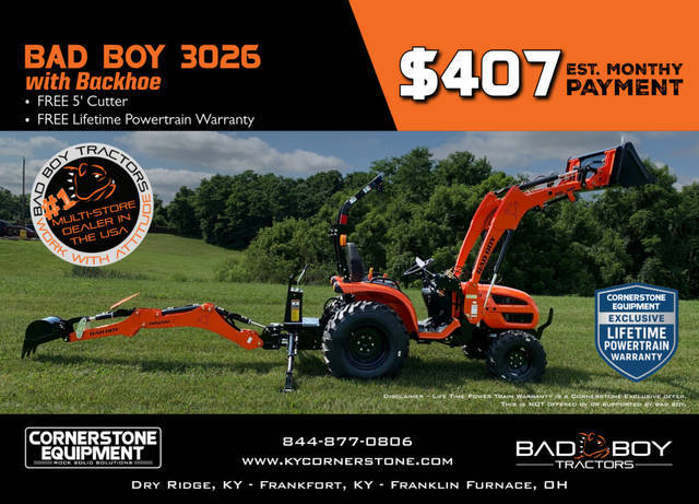 Bad Boy Model 3026 with Backhoe Vehicle Type Tractor Category Compact Payments Get an Estimate for Your Payment Payment Frequency 3026 with Backhoe Vehicle Type Tractor Category Compact Payments Get an Estimate for Your Payment Payment Frequency 