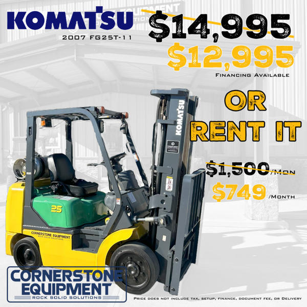 Komatsu Model FG25ST-14 Vehicle Type Forklift Category Cushion Tire 4 Wheel Sit Down Payments Get an Estimate for Your Payment Payment Frequency FG25ST-14 Vehicle Type Forklift Category Cushion Tire 4 Wheel Sit Down Payments Get an Estimate for Your Payment Payment Frequency 